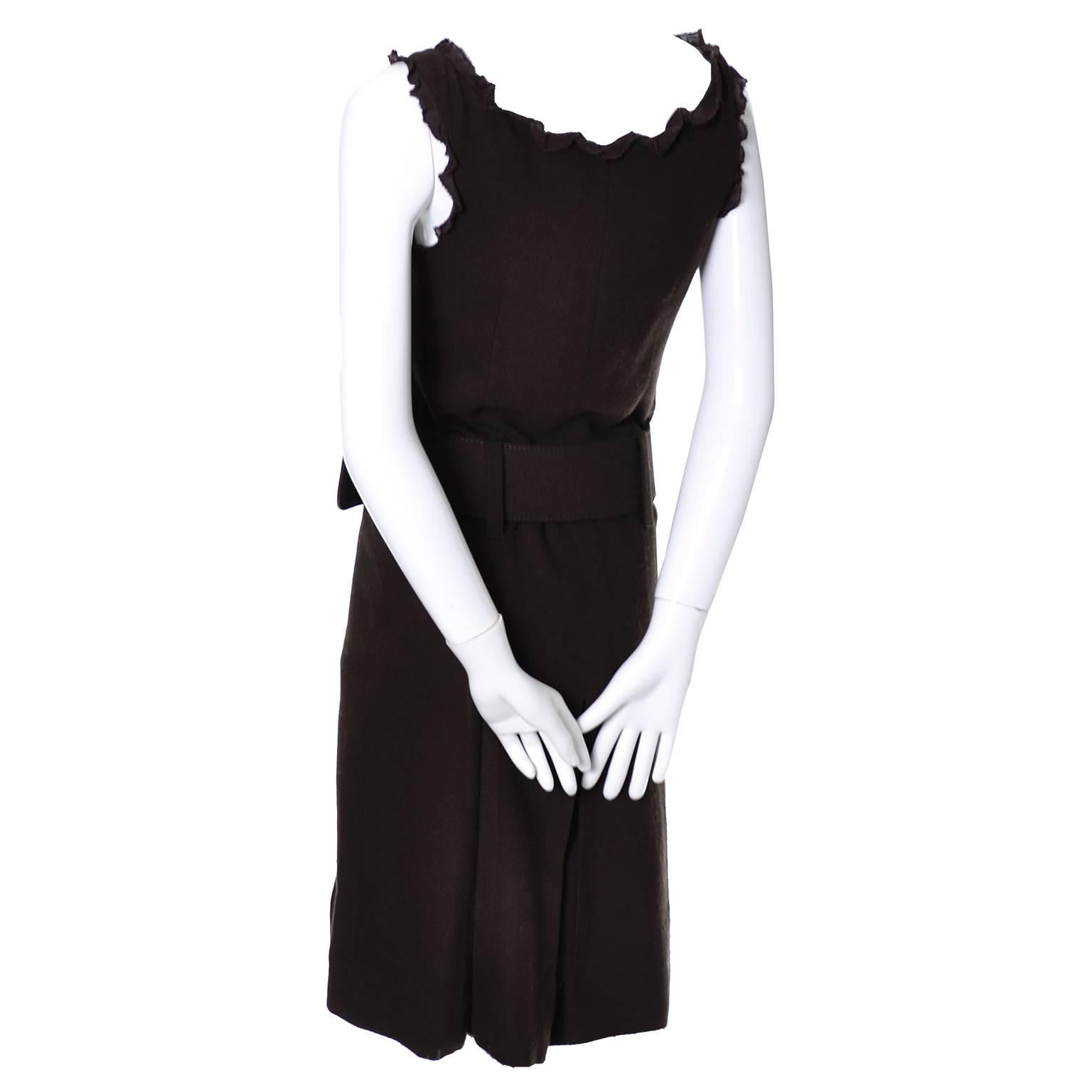 Black Moschino Vintage Brown Belted Dress Ruffled Trim Wide Belt 4