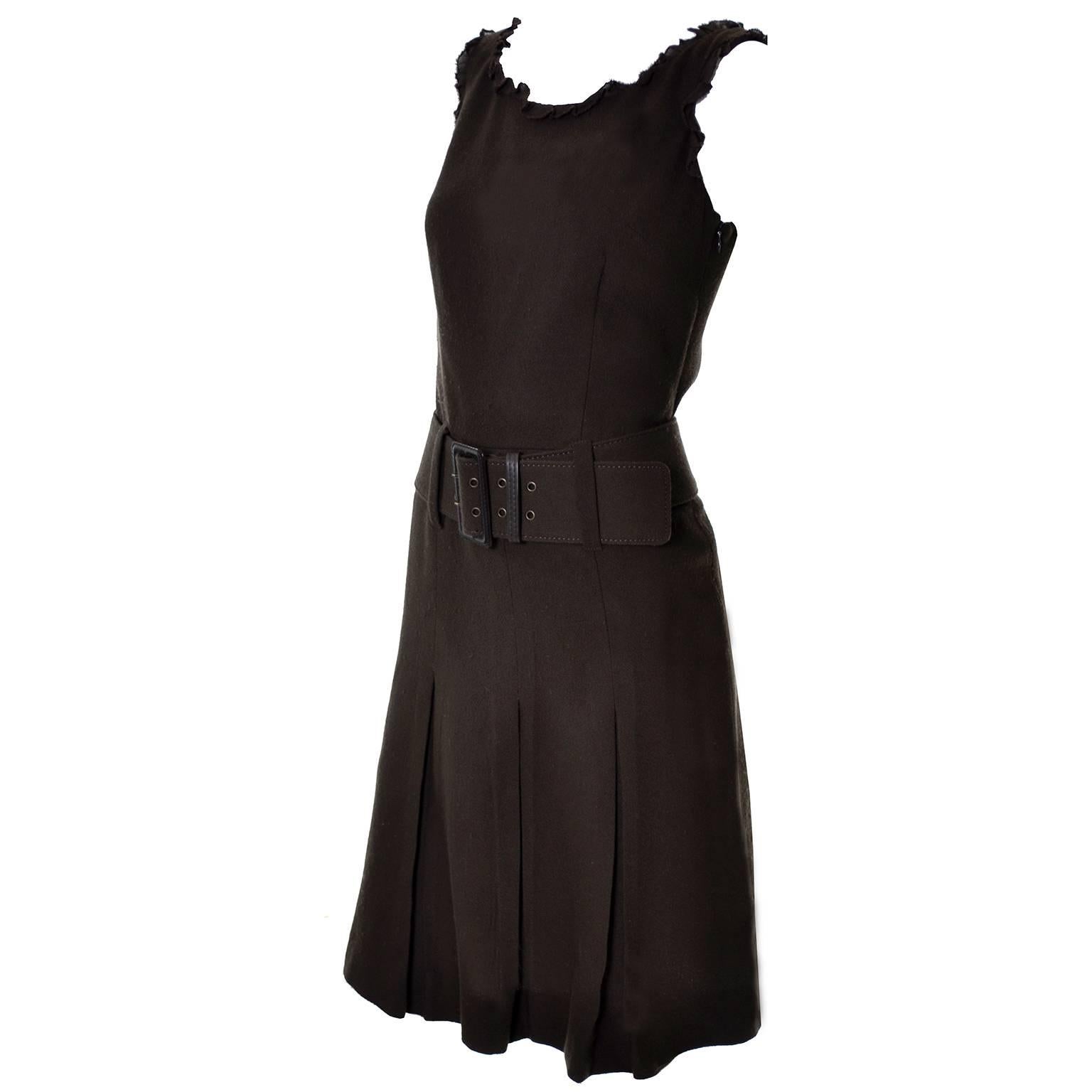 Moschino Vintage Brown Belted Dress Ruffled Trim Wide Belt 4 In Excellent Condition In Portland, OR