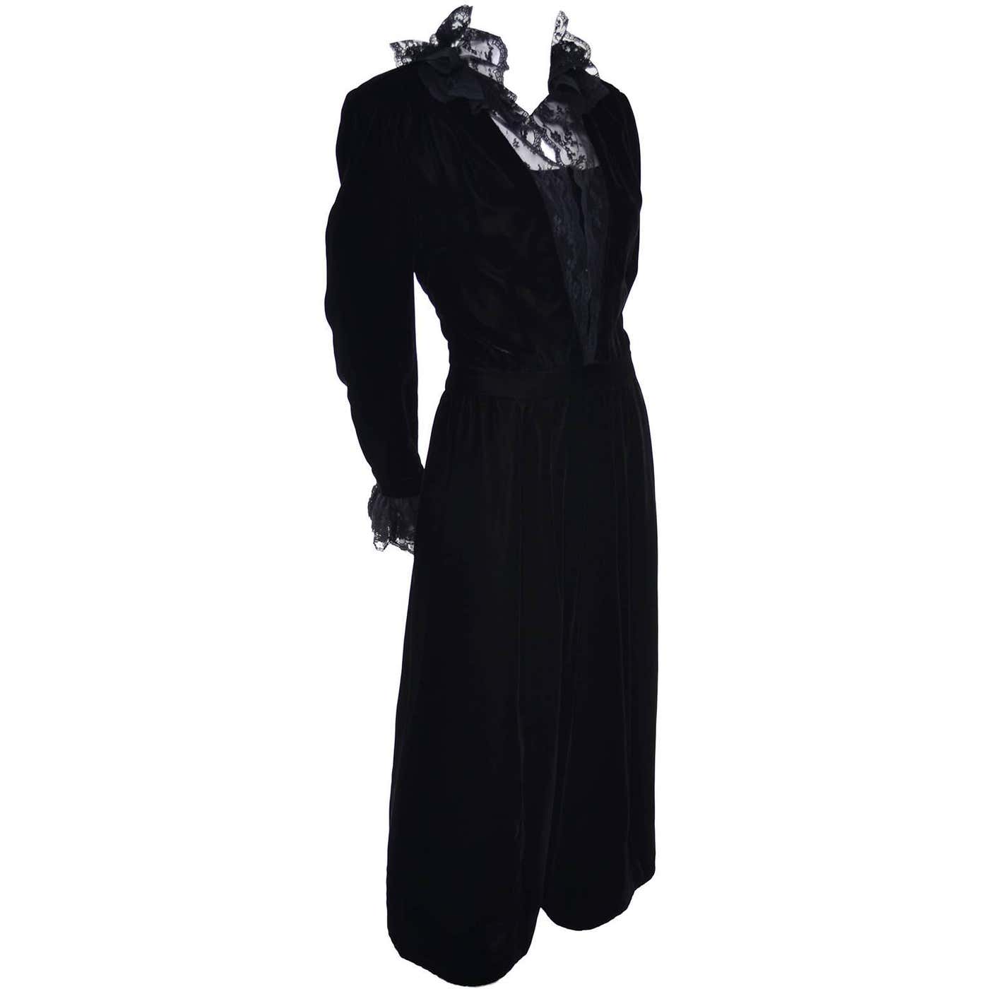 Albert Nipon Vintage Black Velvet Lace Dress 1970s Victorian ...