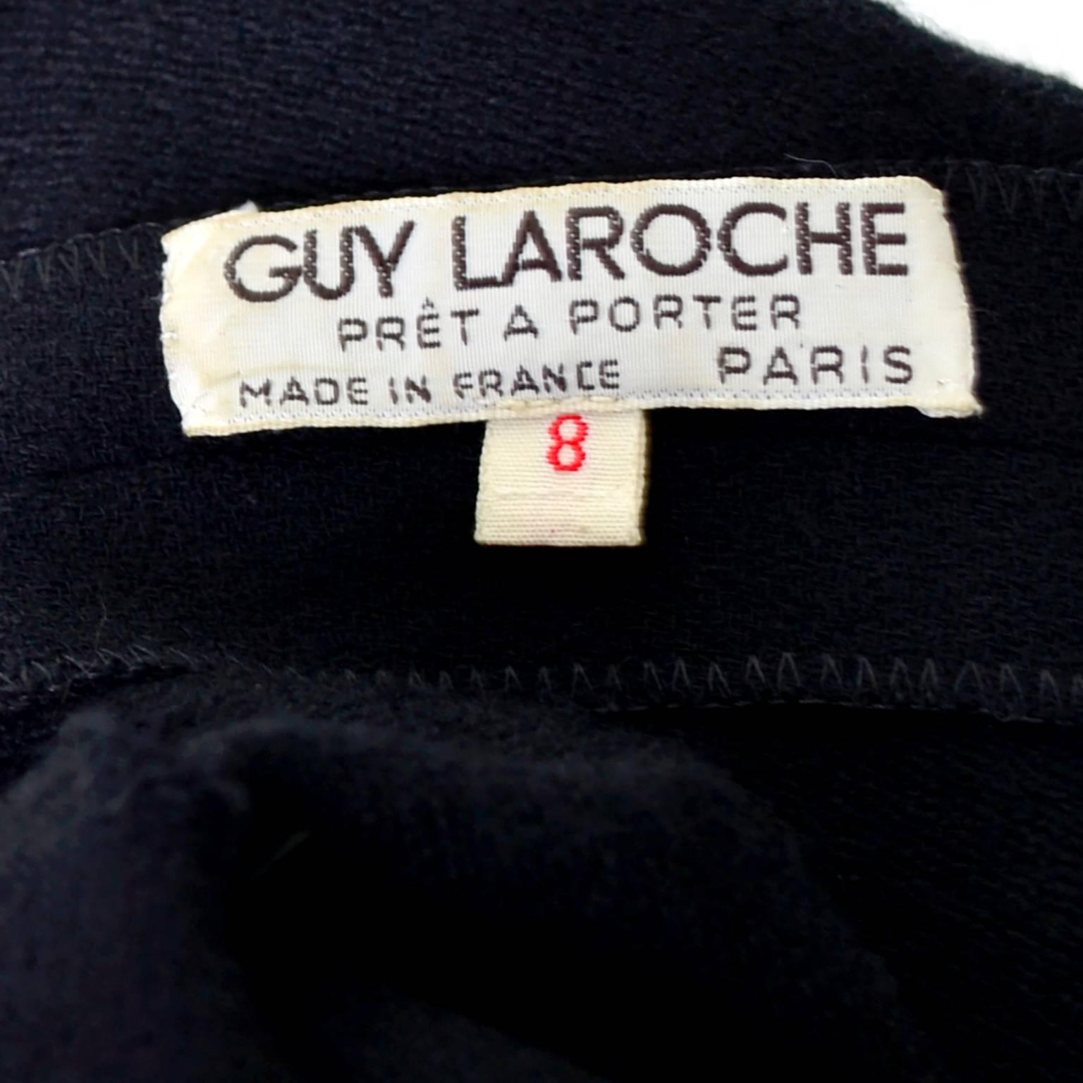 Women's 1970s Guy Laroche Pret A Porter France Vintage Black Wool Crepe Dress