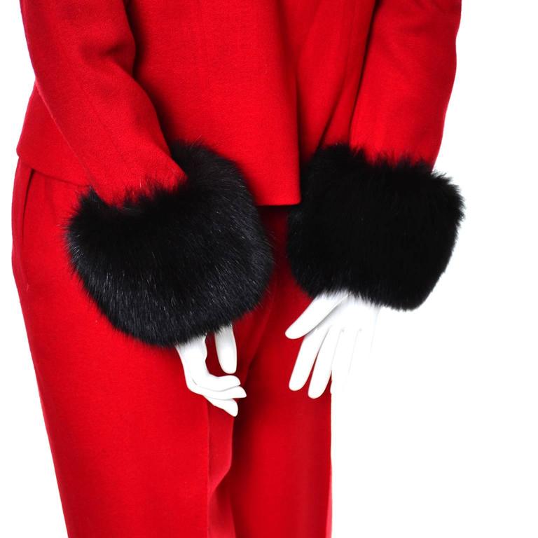 Lilli Ann 1980s Red Vintage Pantsuit Black Fur Cuffs Size 8 at 1stDibs
