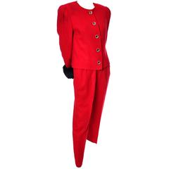 Lilli Ann 1980s Red Vintage Pantsuit Black Fur Cuffs Size 8