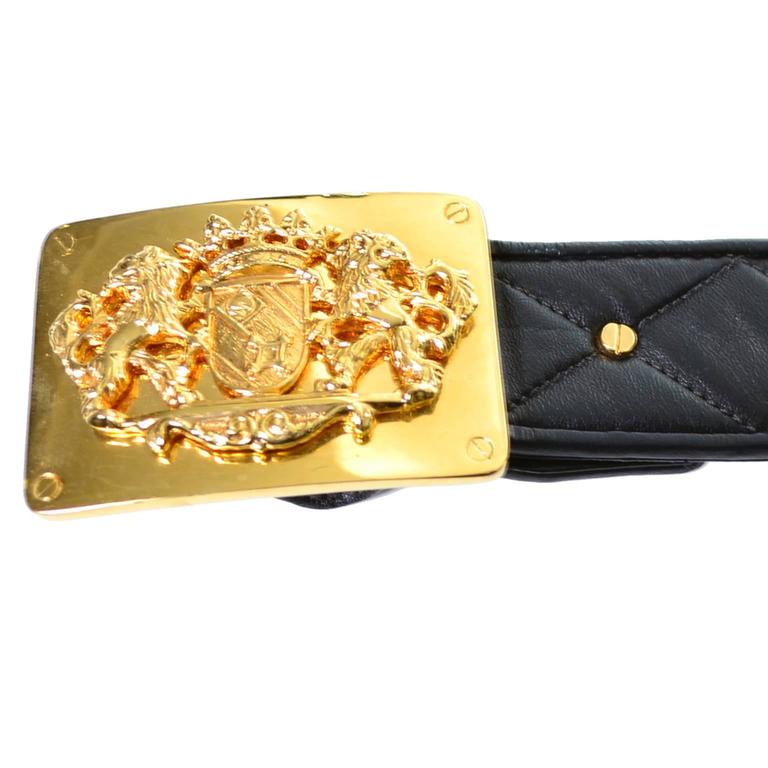 1980s Vintage St. John Studded Quilted Leather Belt Coat of Arms Gold