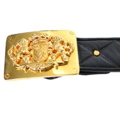 1980s Vintage St. John Studded Quilted Leather Belt Coat of Arms Gold Buckle M