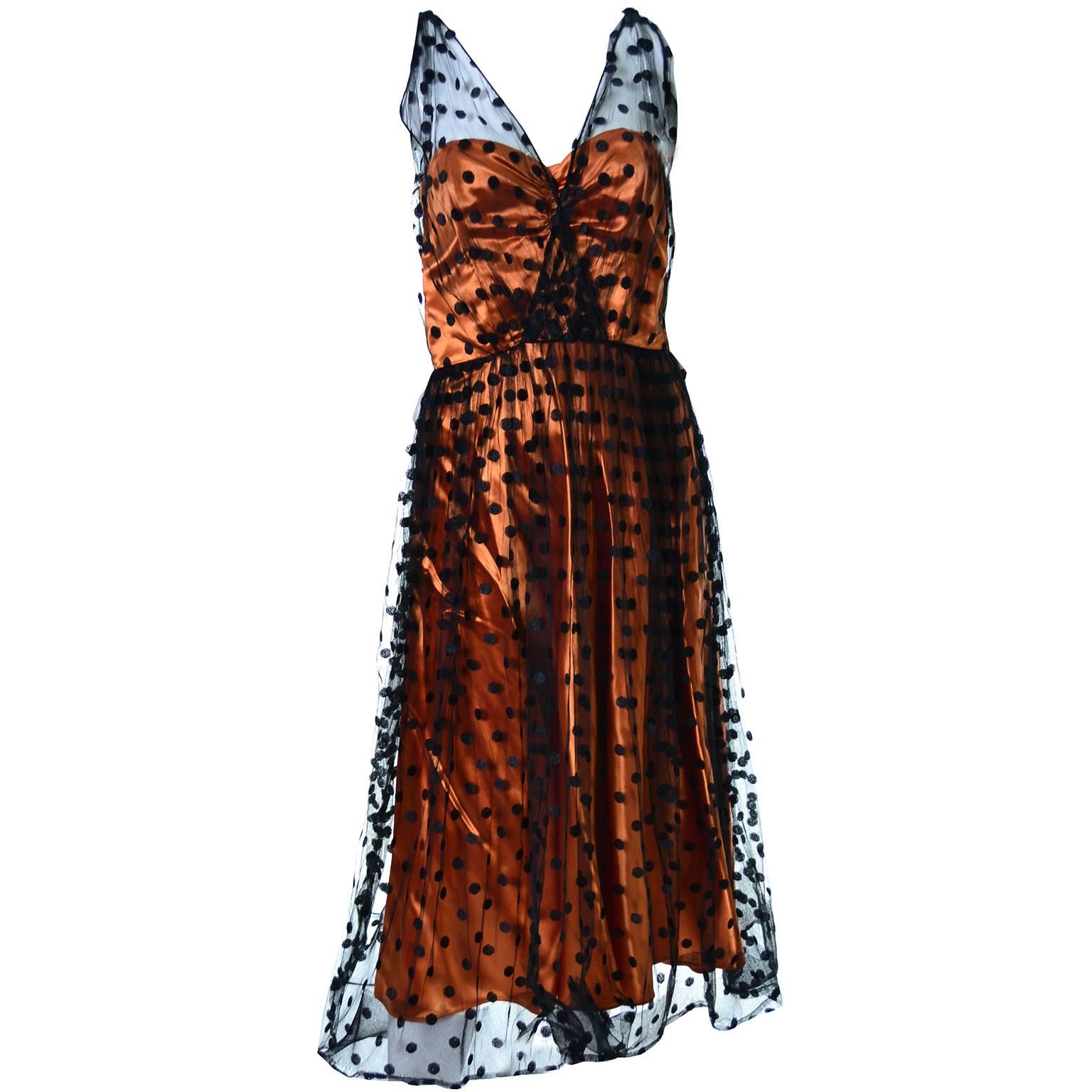 1950s Ceil Chapman Vintage Orange Black Dot Tulle Satin Dress Elegant Halloween