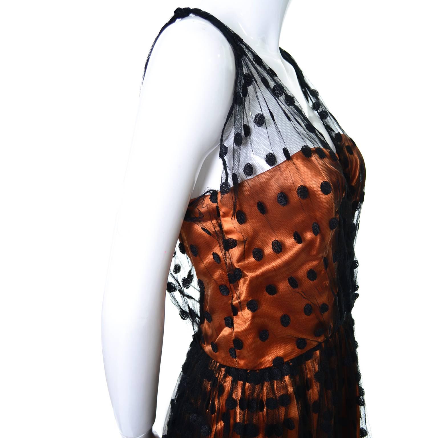 Women's 1950s Ceil Chapman Vintage Orange Black Dot Tulle Satin Dress Elegant Halloween