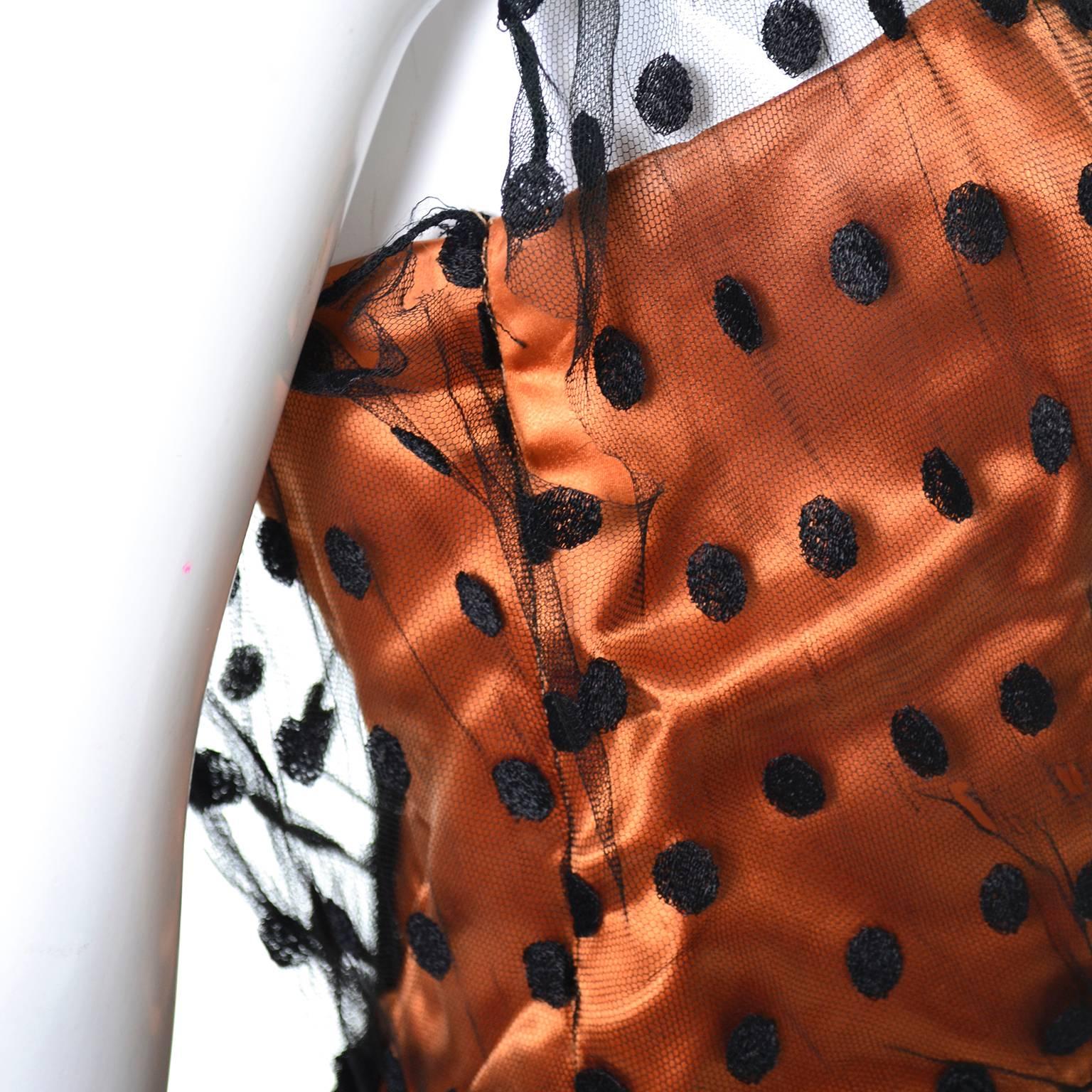 1950s Ceil Chapman Vintage Orange Black Dot Tulle Satin Dress Elegant Halloween 5