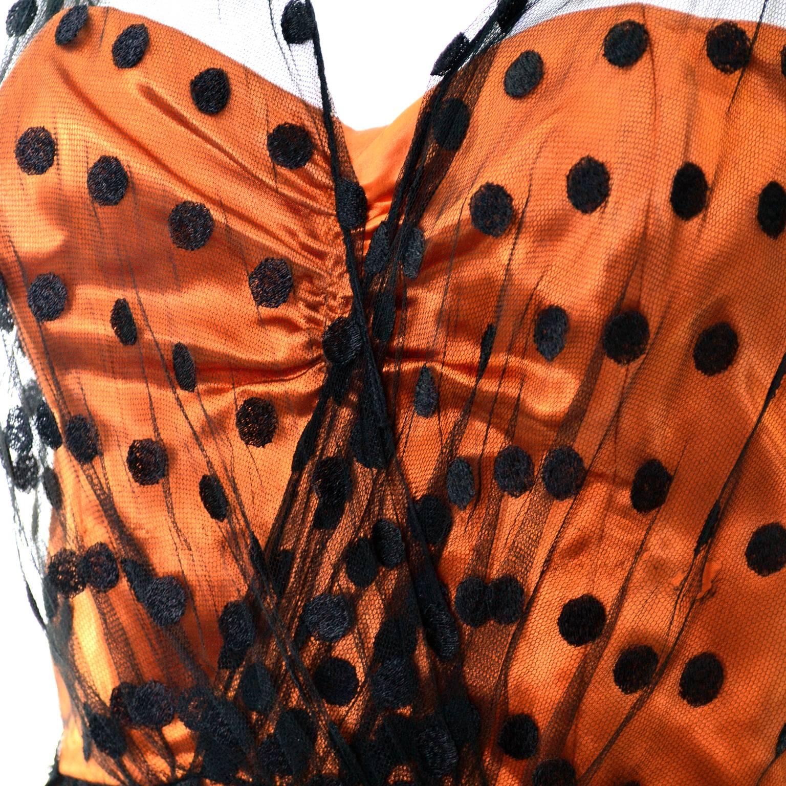 1950s Ceil Chapman Vintage Orange Black Dot Tulle Satin Dress Elegant Halloween 1