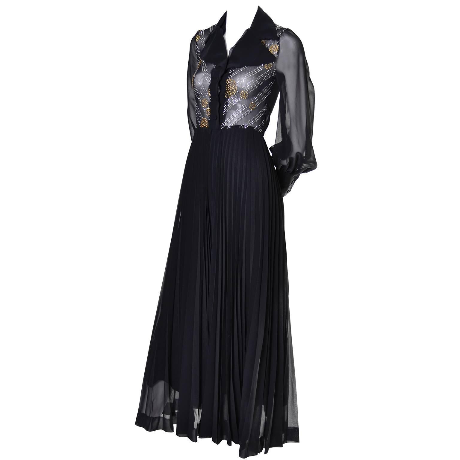 Women's 1970s Vintage Dress Black Maxi Silver Gold Sparkle Sheer Bodice Halloween