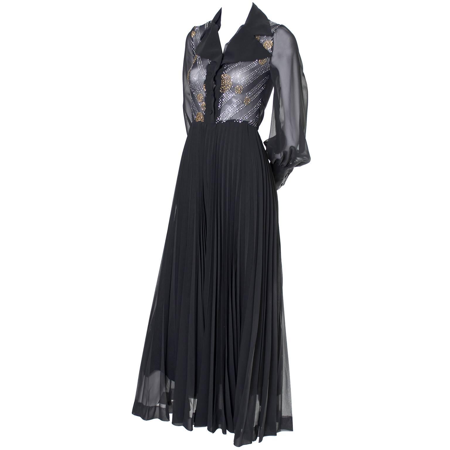 1970s Vintage Dress Black Maxi Silver Gold Sparkle Sheer Bodice Halloween
