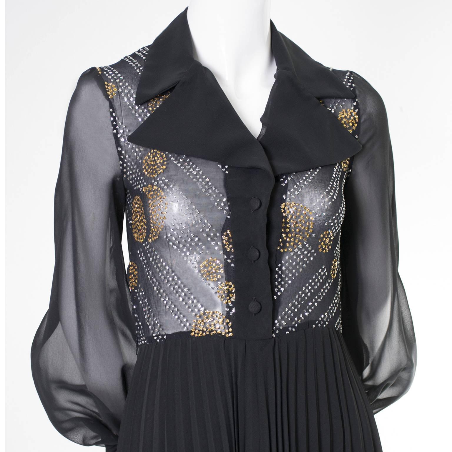 1970s Vintage Dress Black Maxi Silver Gold Sparkle Sheer Bodice Halloween In Excellent Condition In Portland, OR