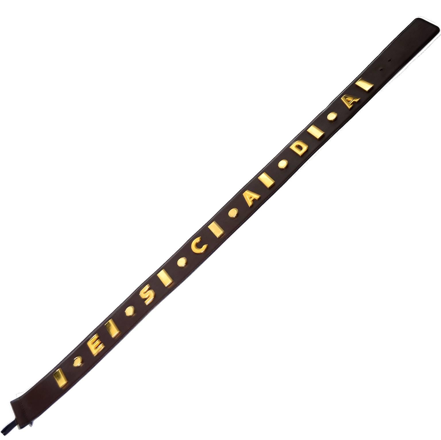 Cette ceinture vintage en cuir marron foncé d'Escada a été fabriquée en Allemagne de l'Ouest dans les années 1980. La ceinture était ornée de cercles et de rectangles dorés et de lettres épelant ESCADA. Le nouveau propriétaire ajoutera une boucle,
