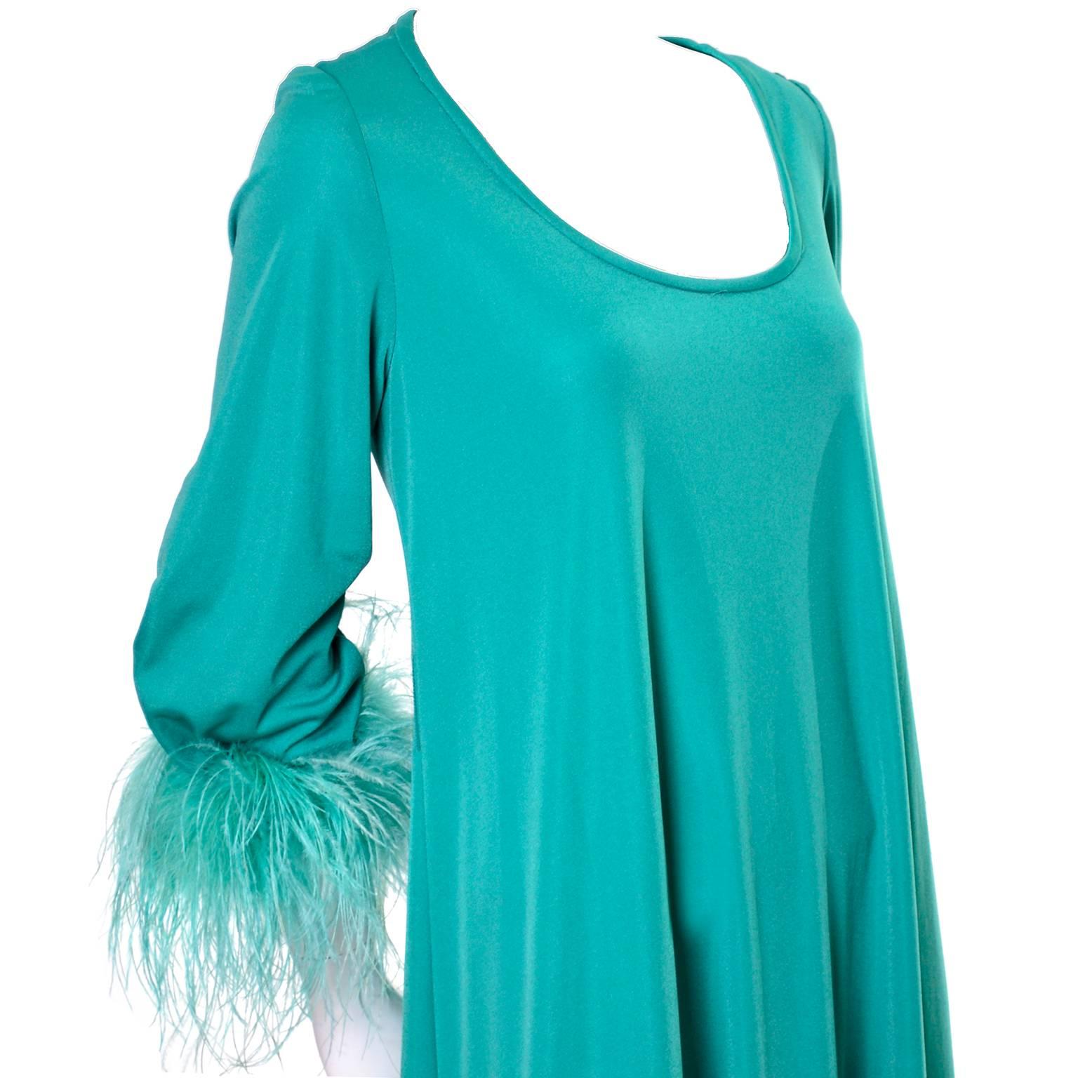 Blue Lilli Diamond Vintage Maxi Dress Gown Ostrich Feather 1970s
