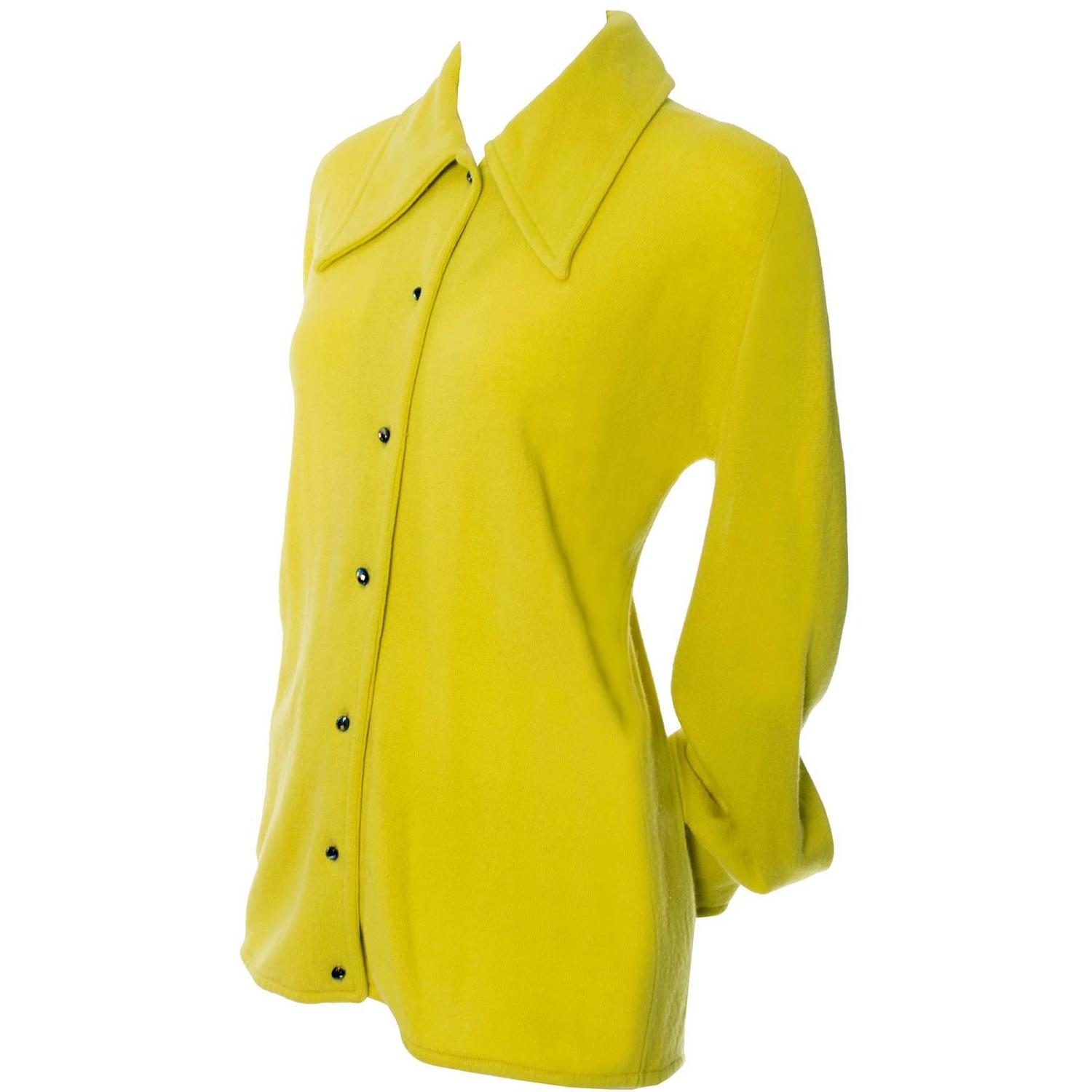 chartreuse-1970s-vintage-cashmere-button-front-top-shirt-pointed-collar