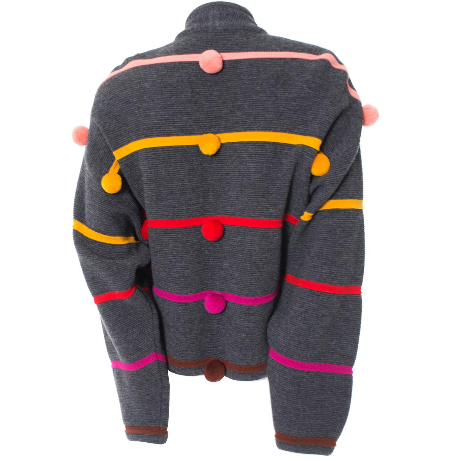 Black Documented 1980s Escada Vintage Sweater w/ Colorful Pom Poms Margaretha Ley