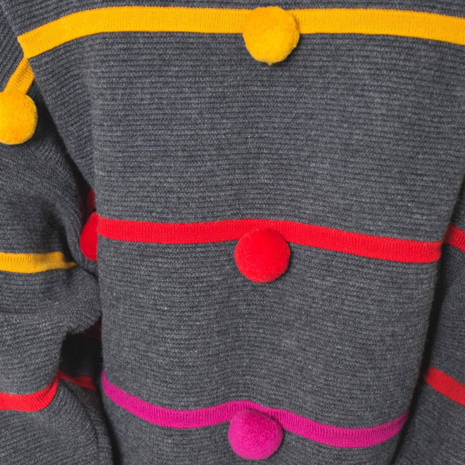 Documented 1980s Escada Vintage Sweater w/ Colorful Pom Poms Margaretha Ley In Excellent Condition In Portland, OR