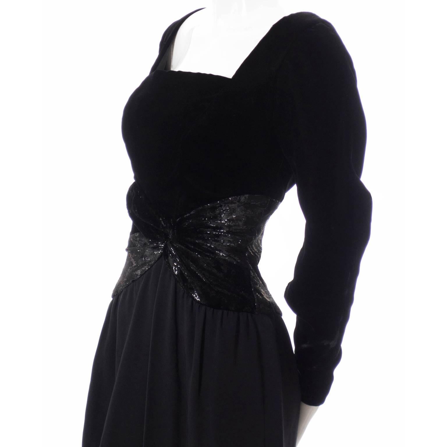 This vintage 1980'S Bob Mackie vintage dress has a velvet bodice and a silk crepe skirt with a metallic velvet waistband. The dress has a square neckline, back zipper and is in excellent condition. A great classic from one of the most defining