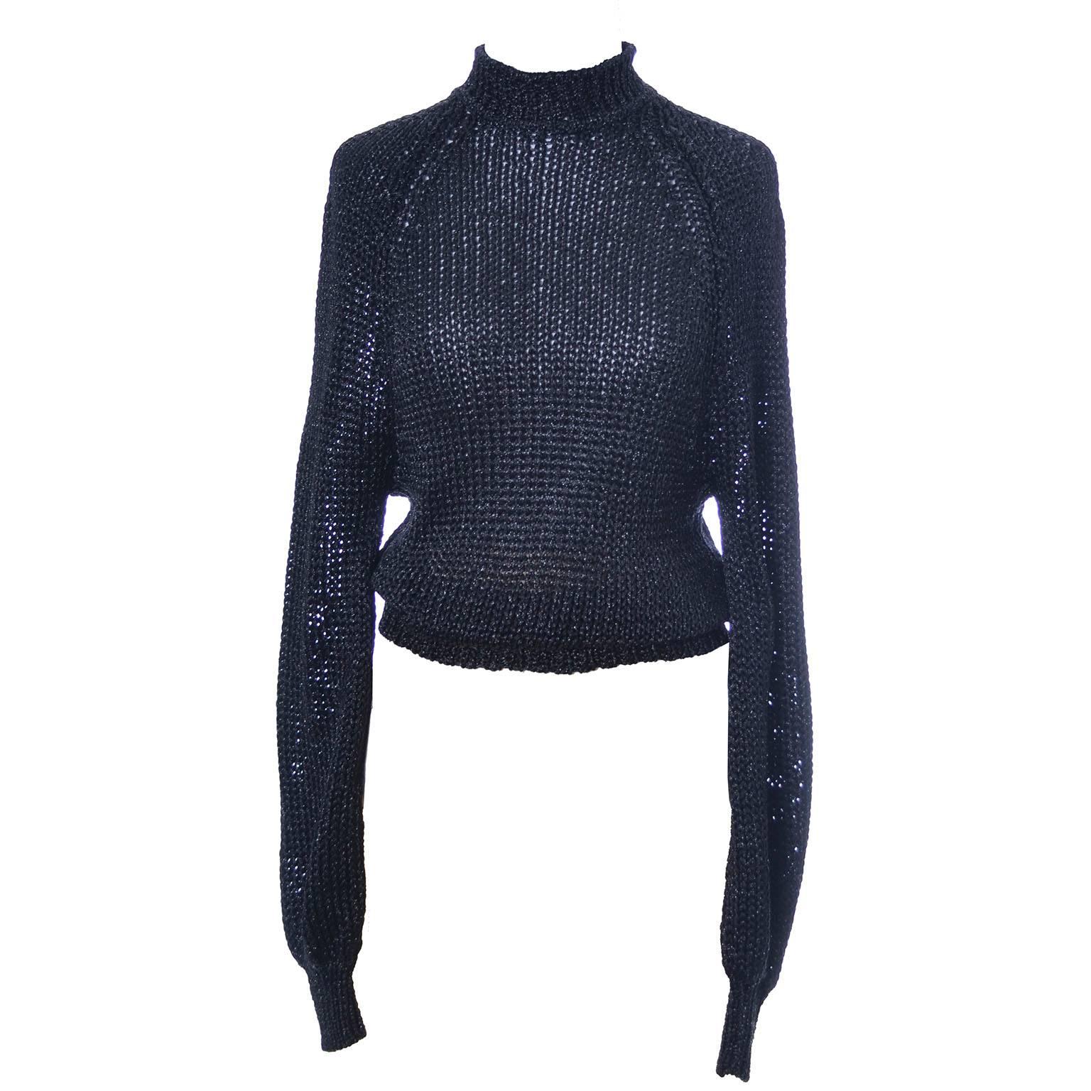 Krizia Maglia Vintage Rayon Blend Black Stretch Metallic Open Weave Sweater Top