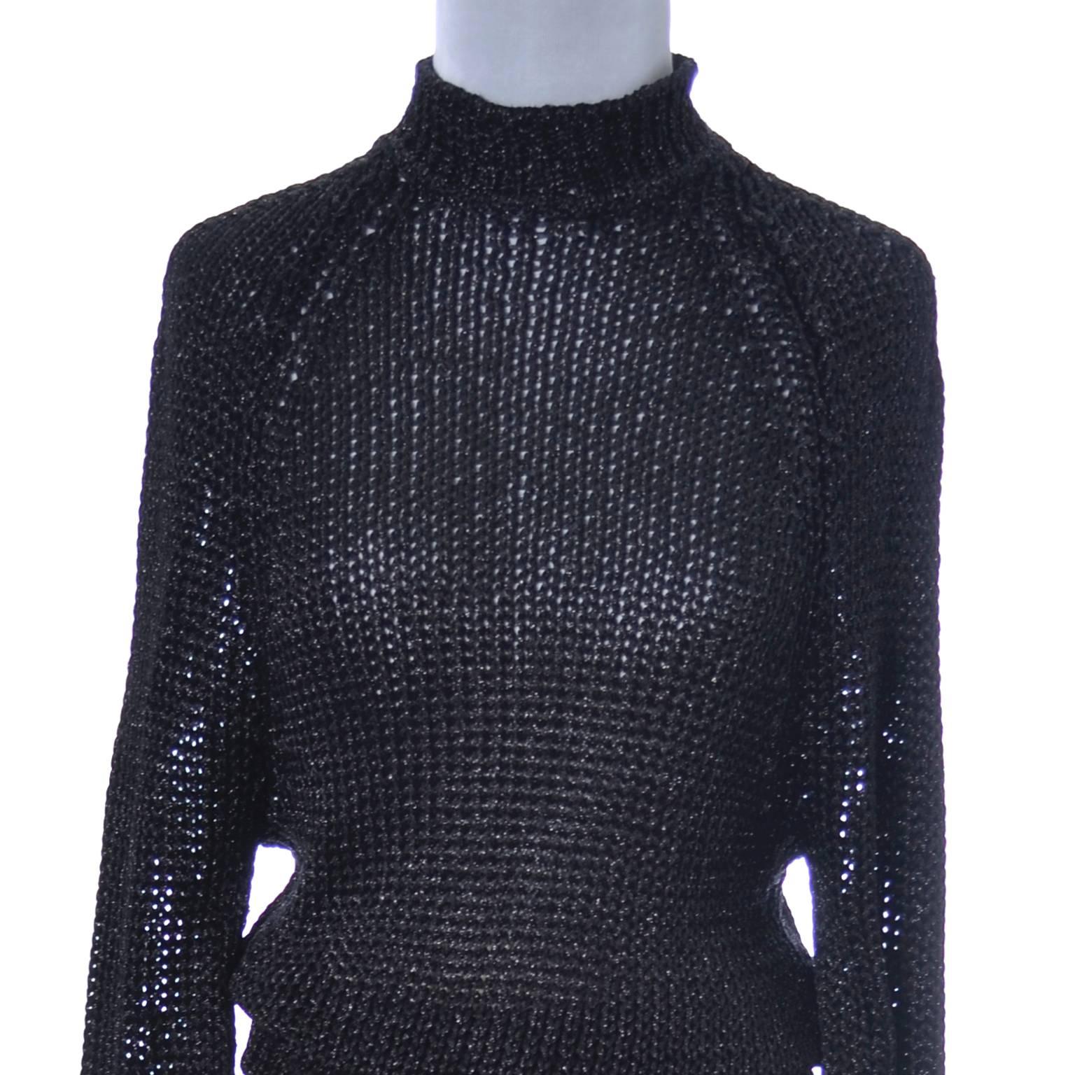 Krizia Maglia Vintage Rayon Blend Black Stretch Metallic Open Weave Sweater Top In Excellent Condition In Portland, OR