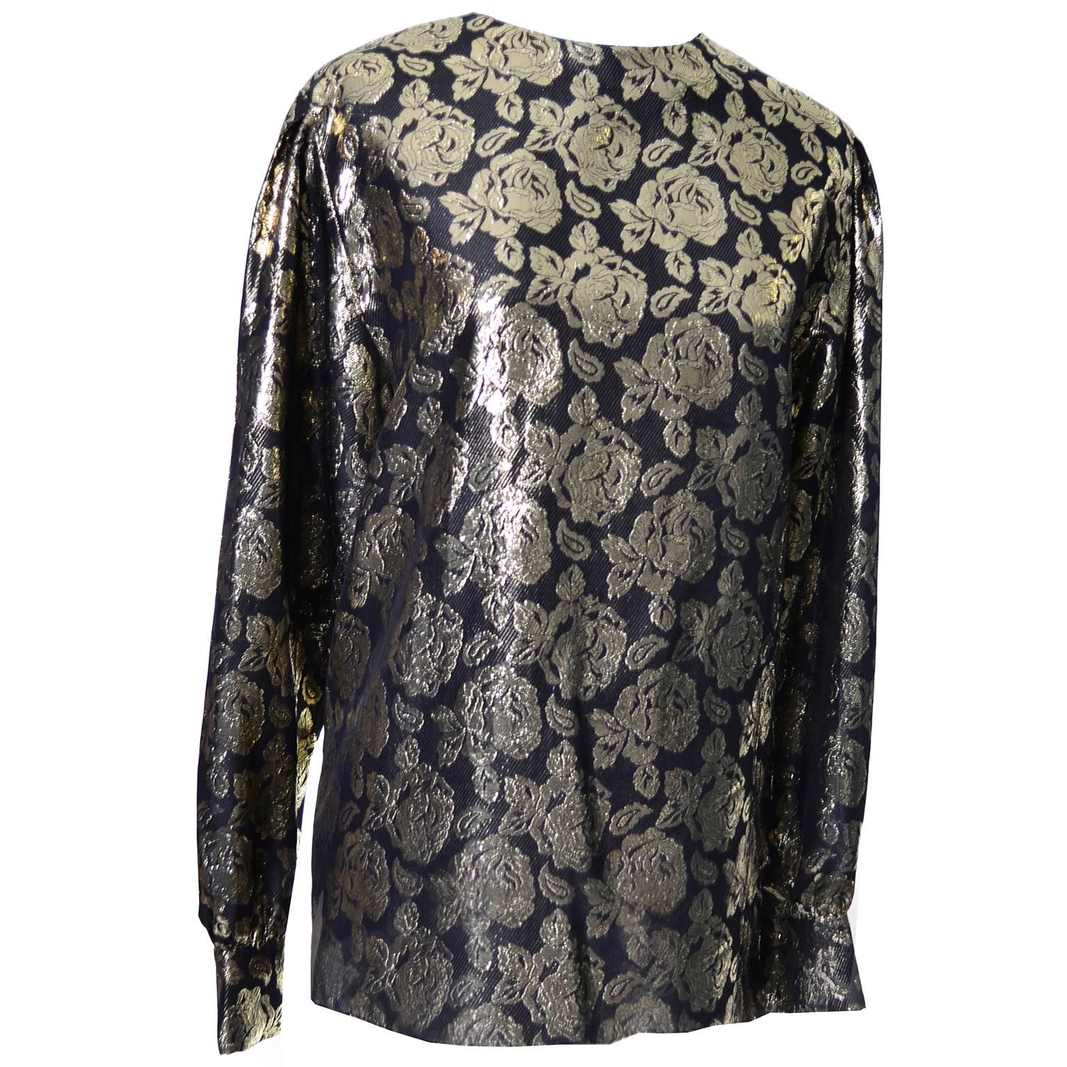 Gloria Sachs New York 1980s Vintage Blouse Metallic Black Gold Roses 8 ...