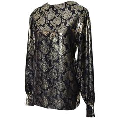Gloria Sachs New York 1980s Vintage Blouse Metallic Black Gold Roses 8 9