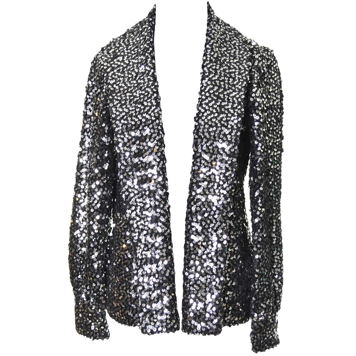 I Magnin Vintage Jacket Evening Wear Sequins Metallic Silver 34 to 38