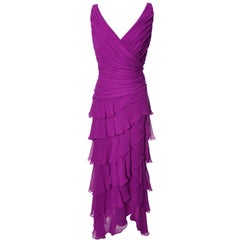 Tadashi Retro Dress Purple Silk Layered Chiffon Ruffles Size 8