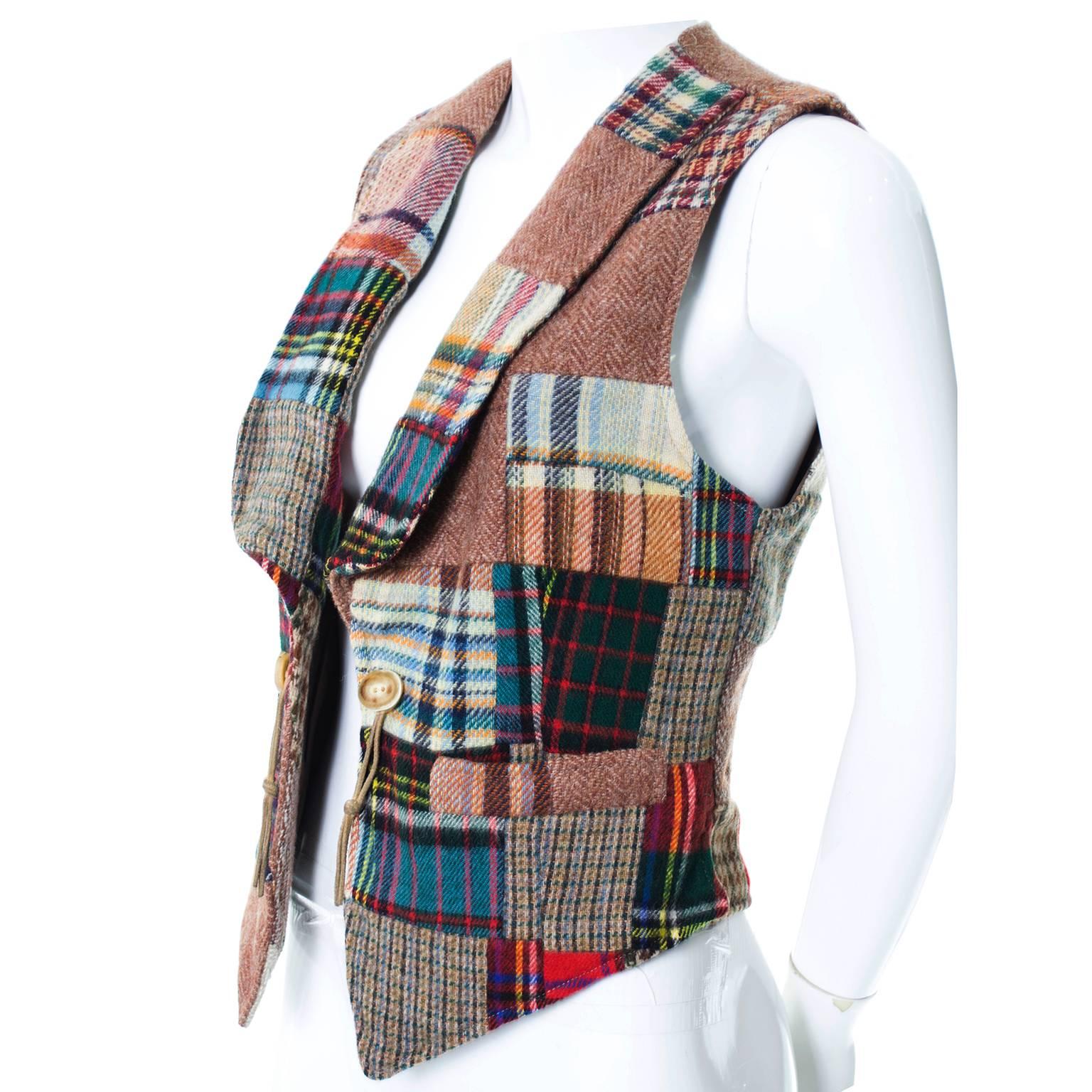 Ralph Lauren Tartan Plaid Wool Patchwork Vest Antler Buttons Early 1980s 8/10 1