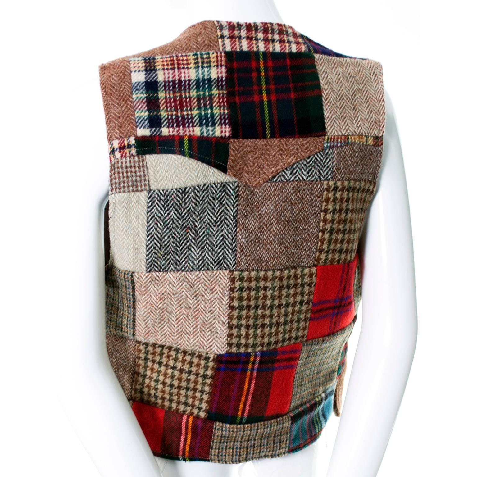This rare wool, patchwork vintage vest was designed by Ralph Lauren in the early 1980's.  This vest has antler buttons,front pockets, and is fully lined in brown satin. Though it is labeled a size 10, I estimate it to be more of a modern day size 8,