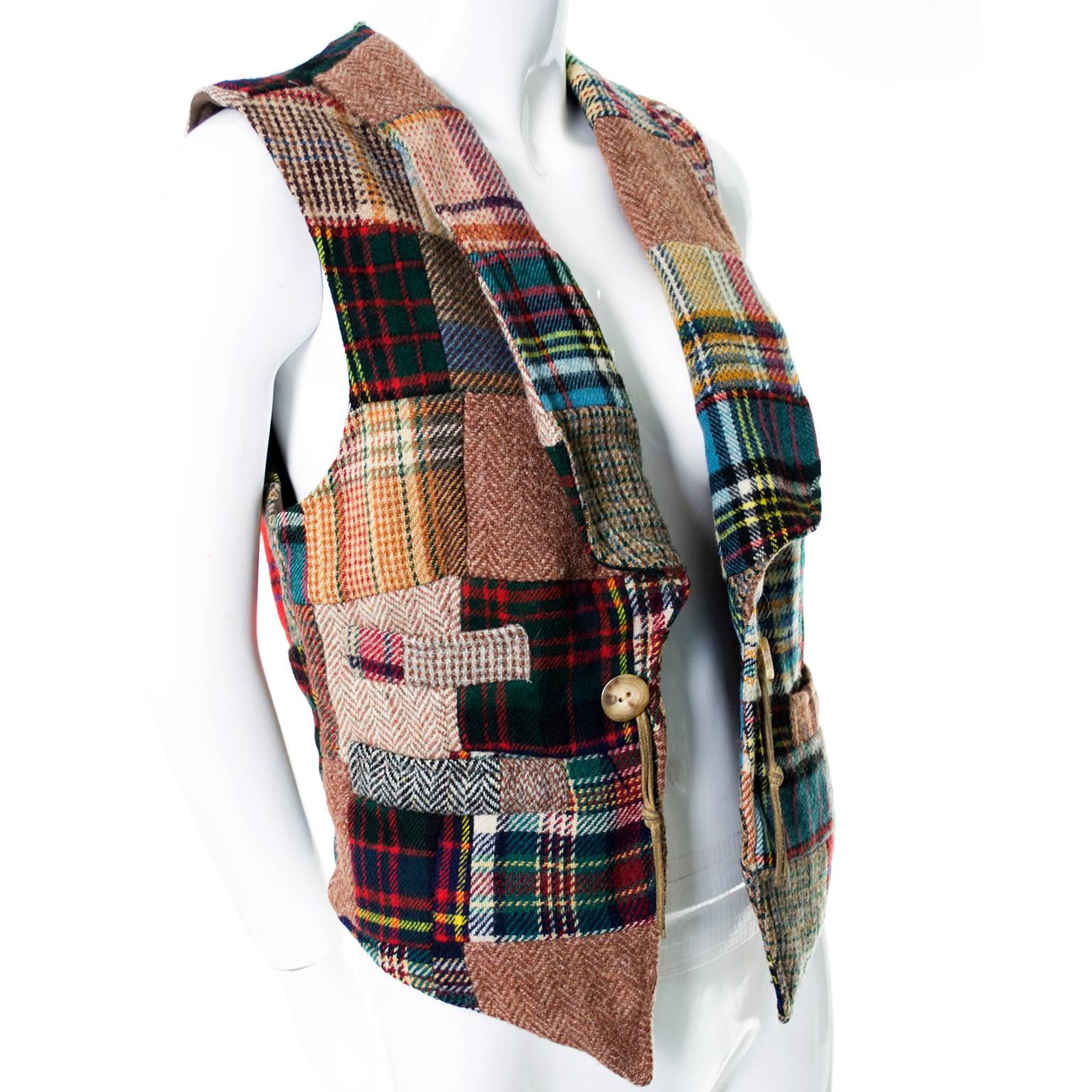 Ralph Lauren Tartan Plaid Wool Patchwork Vest Antler Buttons Early 1980s 8/10 3