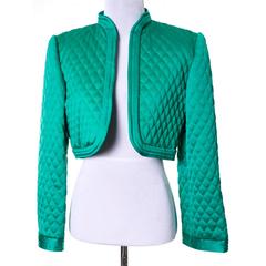 1970s Victor Costa Vintage Quilted Satin Green Bolero Cropped Jacket S