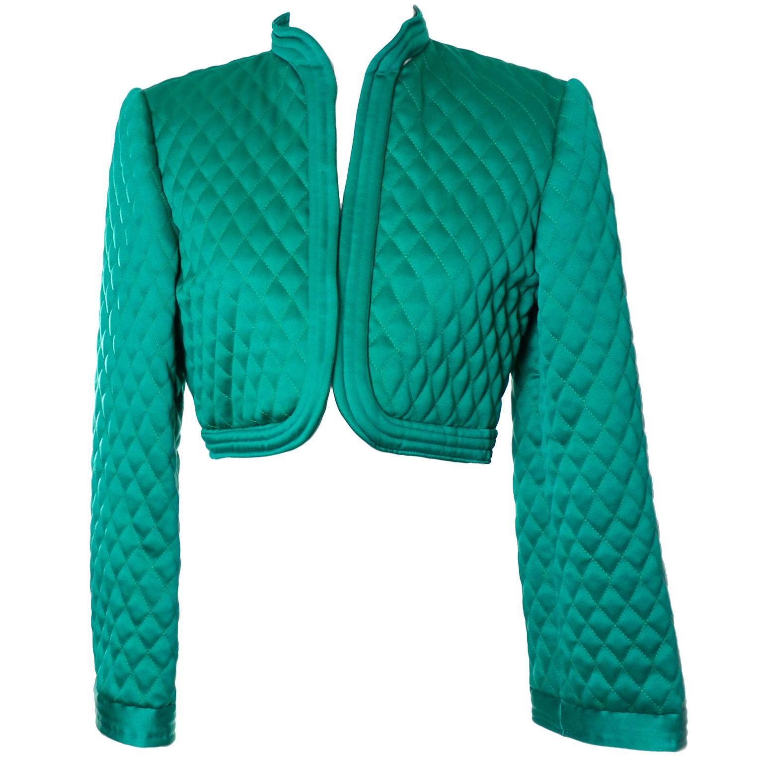 1970s Victor Costa Vintage Quilted Satin Green Bolero Cropped Jacket S