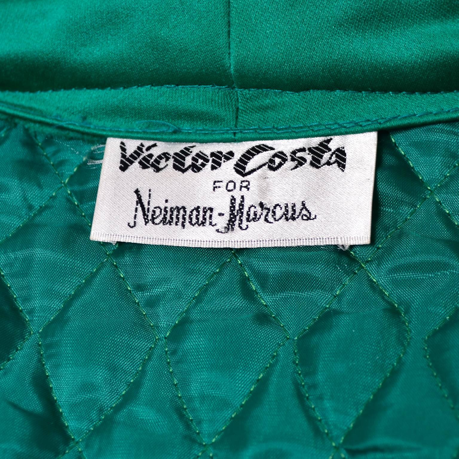 Women's 1970s Victor Costa Vintage Quilted Satin Green Bolero Cropped Jacket S