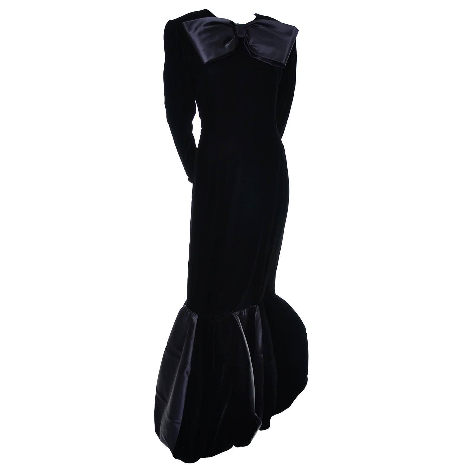 This absolutely stunning vintage Givenchy evening gown was purchased at I Magnin in the 1980's. This avant garde evening gown has a pleated structural flounce at the hemline with velvet and taffeta panels that almost form a balloon hem, and a giant