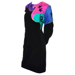 1980s Louis Feraud Vintage Dress Abstract Color Block Satin Beading 12 12