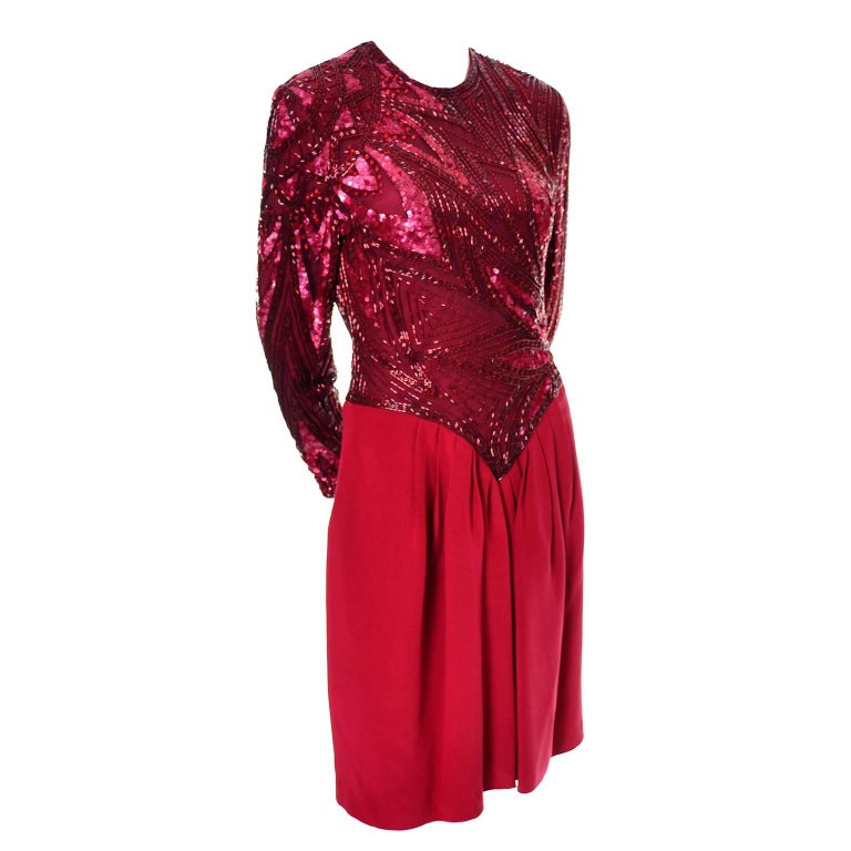 1980s Bob Mackie Boutique Vintage Dress Red Silk Beaded Sequins