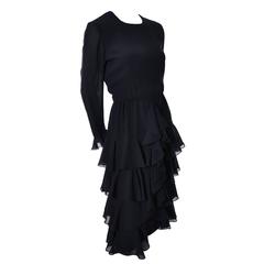 Bill Blass 1980s Vintage Cocktail Dress Black Chiffon Ruffles Layers 6/8 3