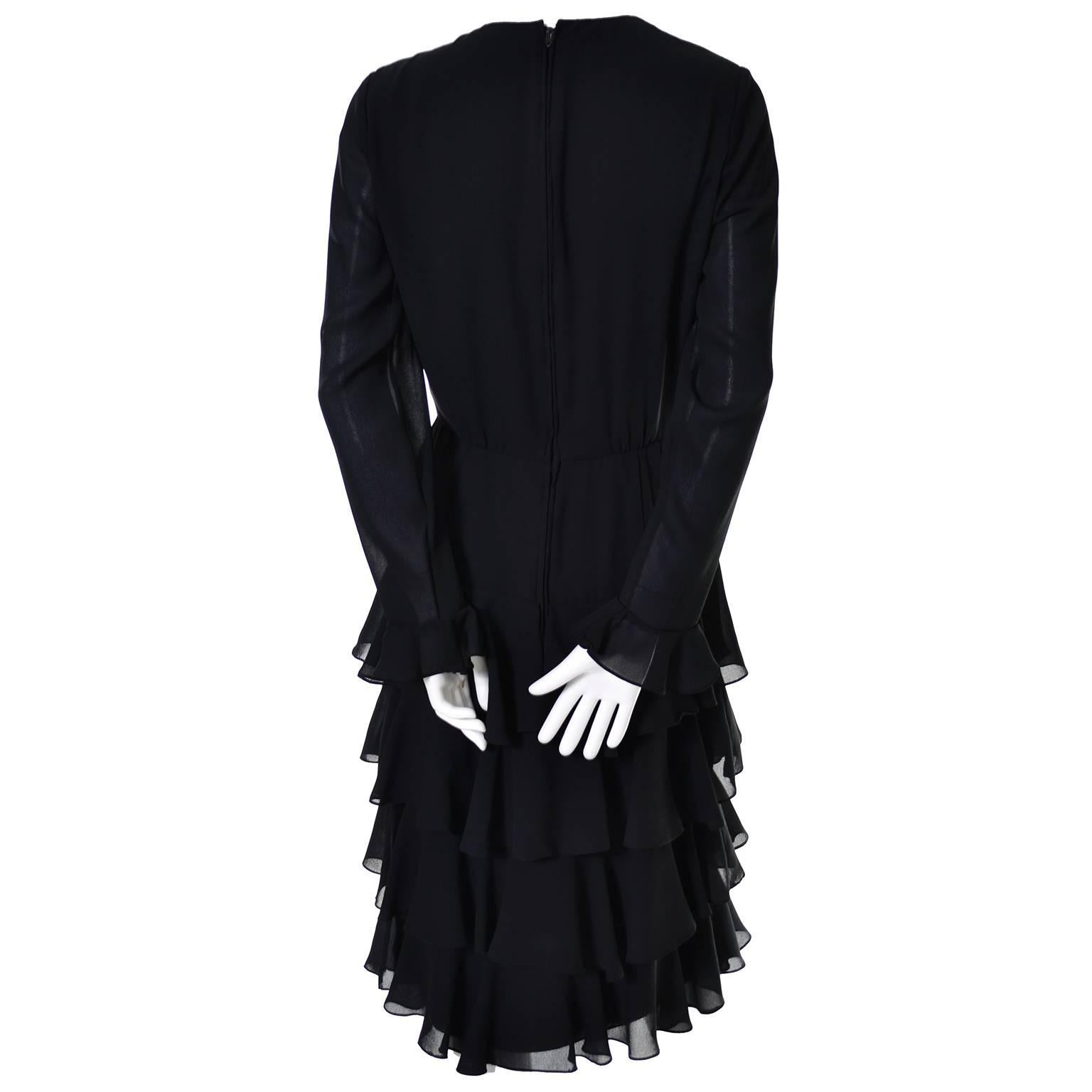 Bill Blass 1980s Vintage Cocktail Black Silk Dress With Ruffles & Layers Sz 6/8 In Excellent Condition In Portland, OR