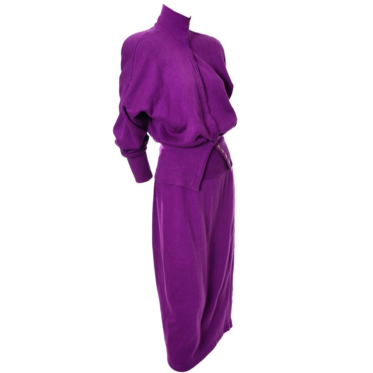 1980s Vintage Norma Kamali 2pc Dress Sweatshirt Top Skirt Purple Fleece S/M