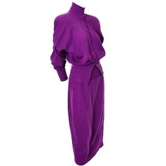 1980s Retro Norma Kamali 2pc Dress Sweatshirt Top Skirt Purple Fleece S/M