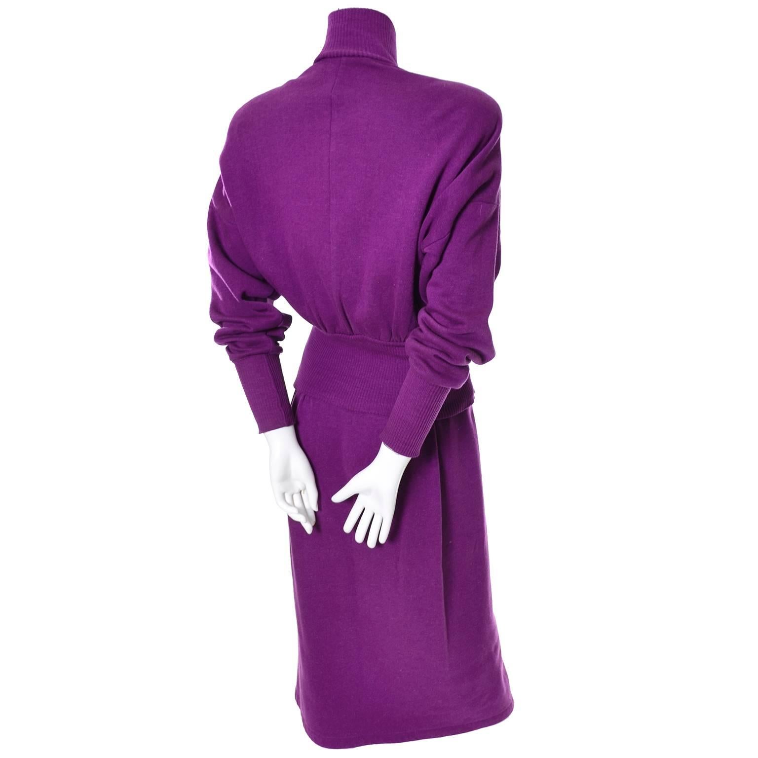 Women's 1980s Vintage Norma Kamali 2pc Dress Sweatshirt Top Skirt Purple Fleece S/M