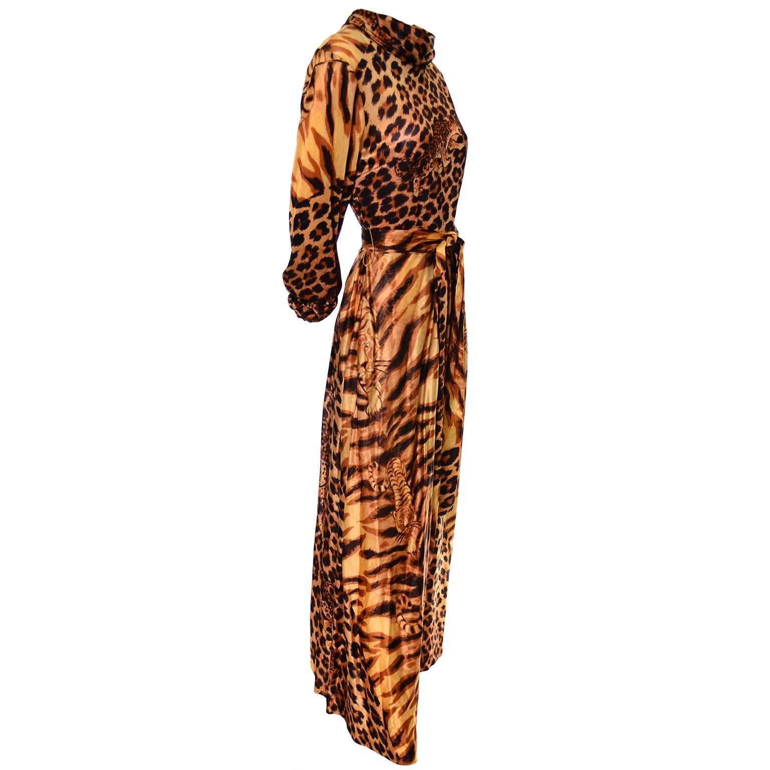 Brown 1970s Vintage Jumpsuit in Leopard Cheetah Jersey Print with Palazzo Pants S/M