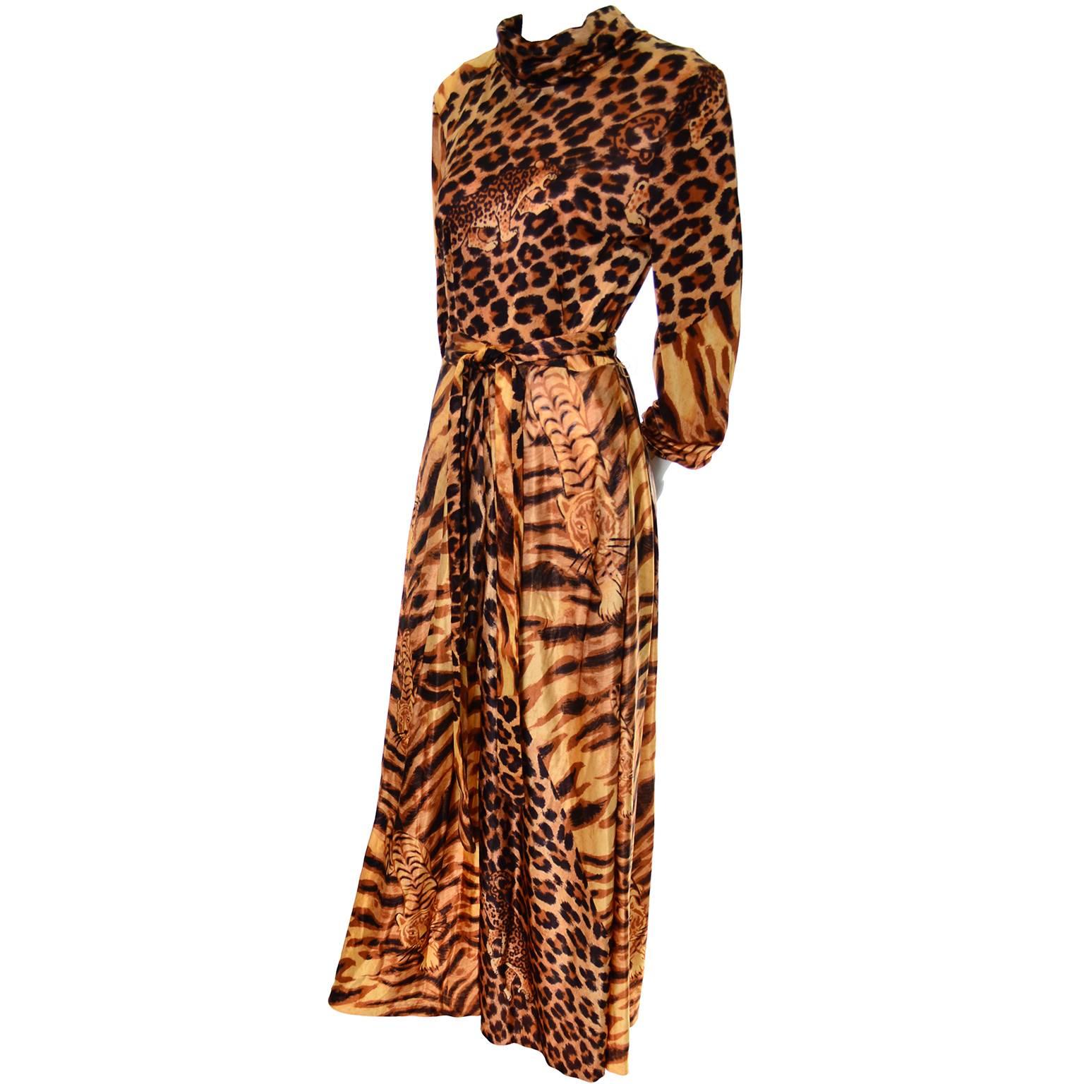 1970s Vintage Jumpsuit in Leopard Cheetah Jersey Print with Palazzo Pants S/M In Excellent Condition In Portland, OR