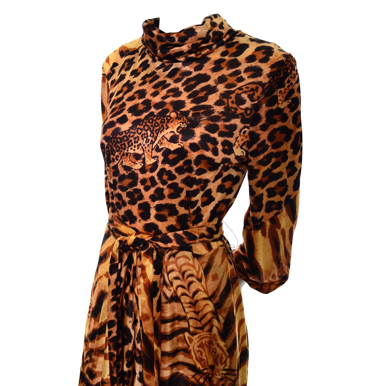 Women's 1970s Vintage Jumpsuit in Leopard Cheetah Jersey Print with Palazzo Pants S/M