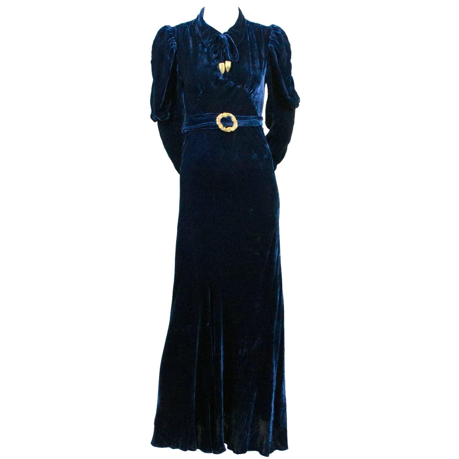 1930s Luxe Blue Velvet Vintage Dress Gold Buckle Aglets Mutton Sleeves Petite XS at 1stDibs