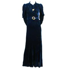 1930s Luxe Blue Velvet Vintage Dress Gold Buckle Aglets Mutton Sleeves Petite XS