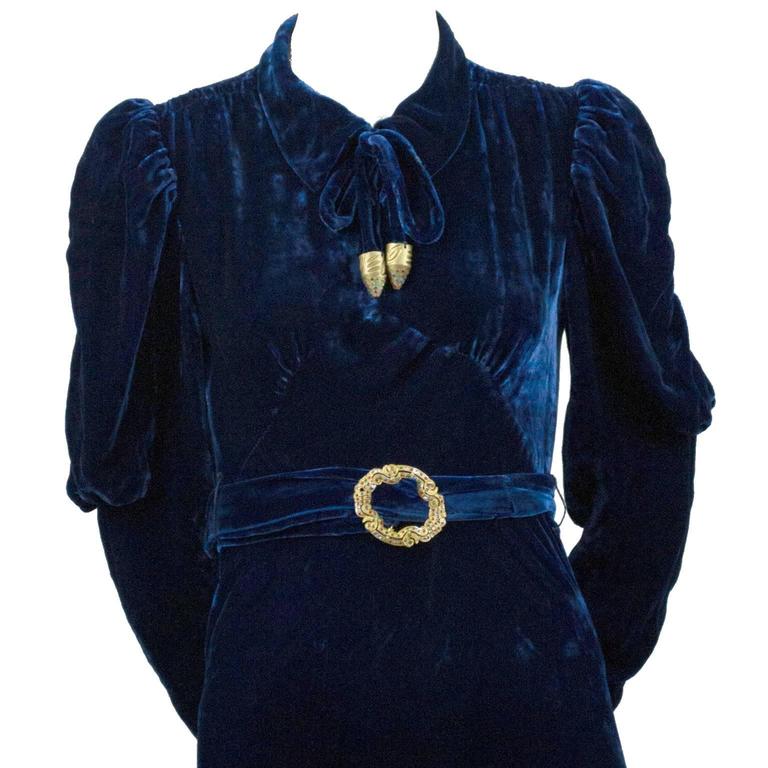 1930s Luxe Blue Velvet Vintage Dress Gold Buckle Aglets Mutton Sleeves