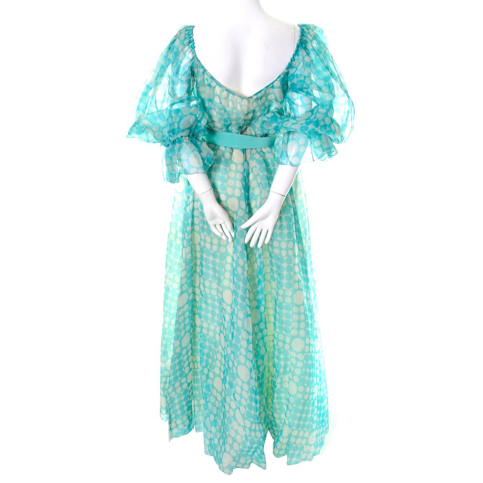 1970s Bob Mackie Ray Aghayan Aqua Blue Dot Organza Maxi Dress w Puff Sleeves For Sale 6