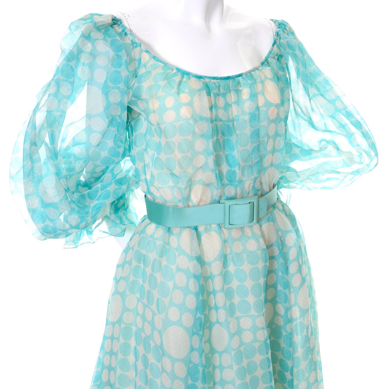 1970s Bob Mackie Ray Aghayan Aqua Blue Dot Organza Maxi Dress w Puff Sleeves For Sale 7