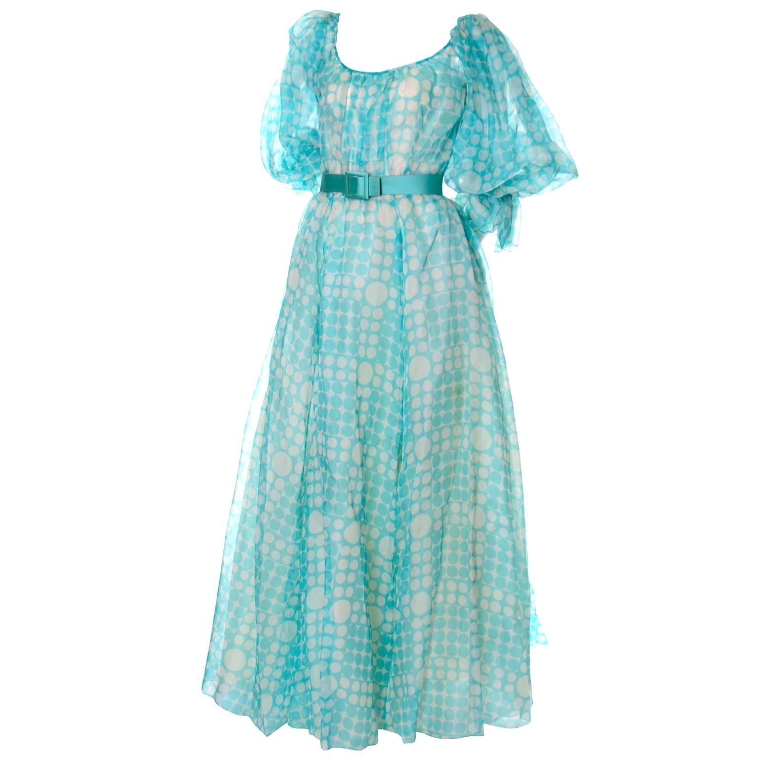 1970er Bob Mackie Ray Aghayan Aqua Blue Dot Organza Maxi Kleid mit Puffärmeln im Angebot 6